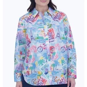 Foxcroft Plus Travel Conversational Long Sleeve Shirt Size 1X Beachy Fun Artsy